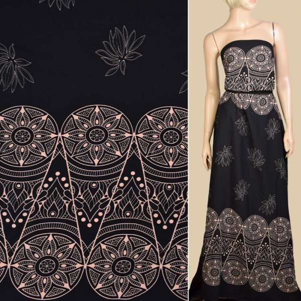 Віскоза чорна, бежевий орнамент, квіти, 2ст.купон, ш.140