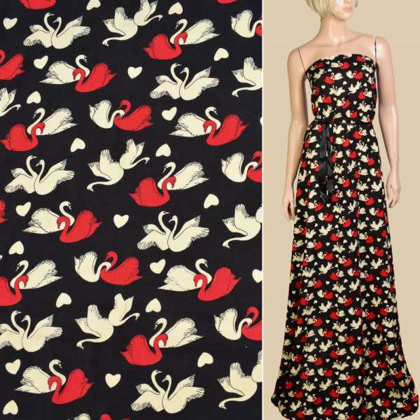 Віскоза чорна, кремові, червоні лебеді, ш.140