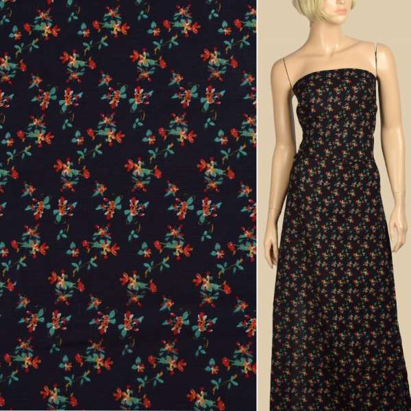 Віскоза синя темна, червоно-зелені дрібні квіти, ш.140