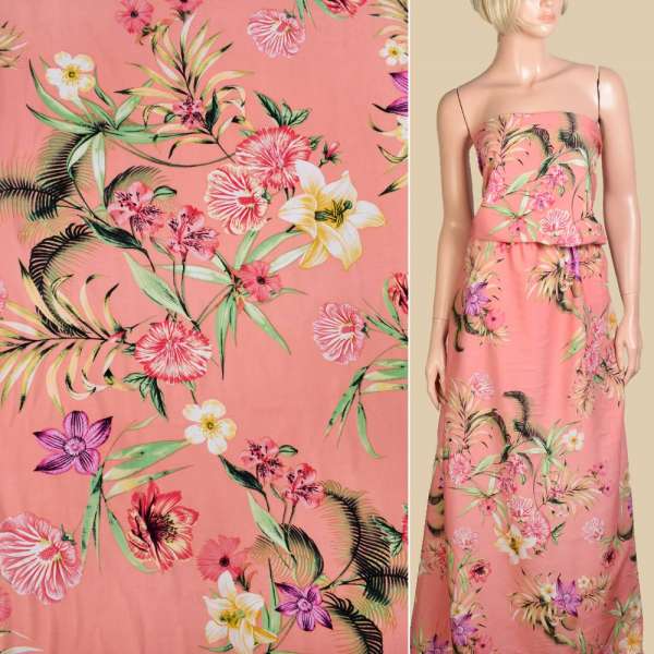 Віскоза коралова, великі рожеві, жовті квіти, ш.145