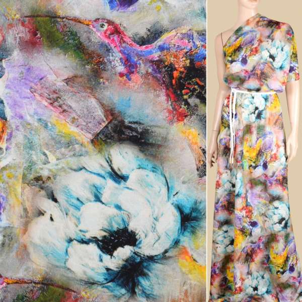 Віскоза різнобарвна, акварельні квіти і птахи ш.146