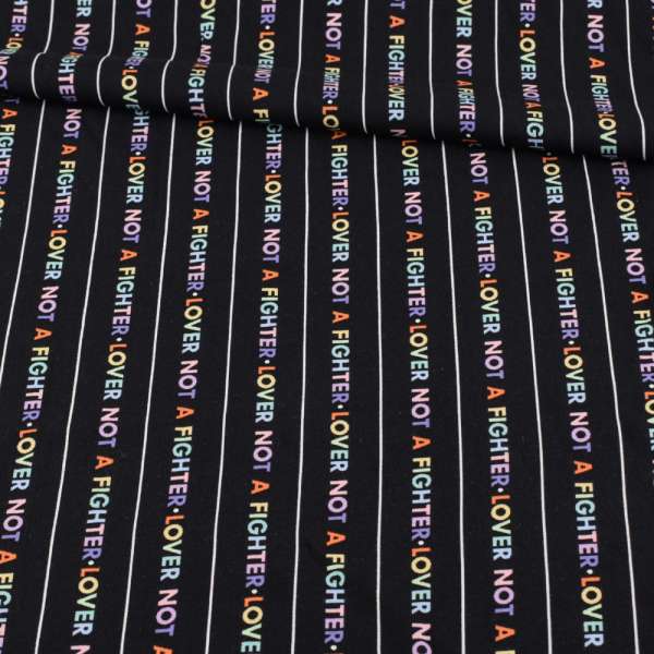 Віскоза чорна, білі смужки, кольорові слова, ш.140