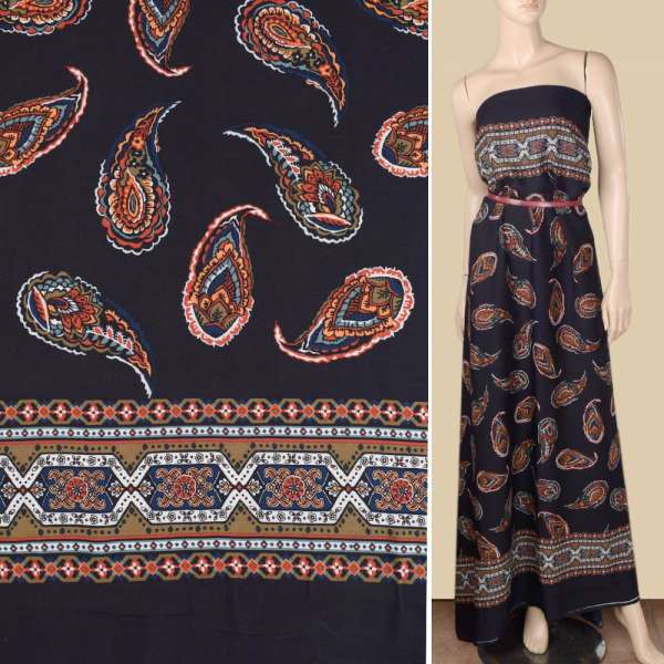 Віскоза синя темна в кольорові пір'я, 2 ст. купон, ш.140