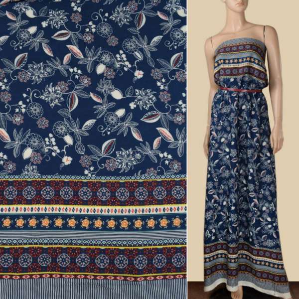 Віскоза синя в білі квіти, листя, 2 ст. купон, ш.140