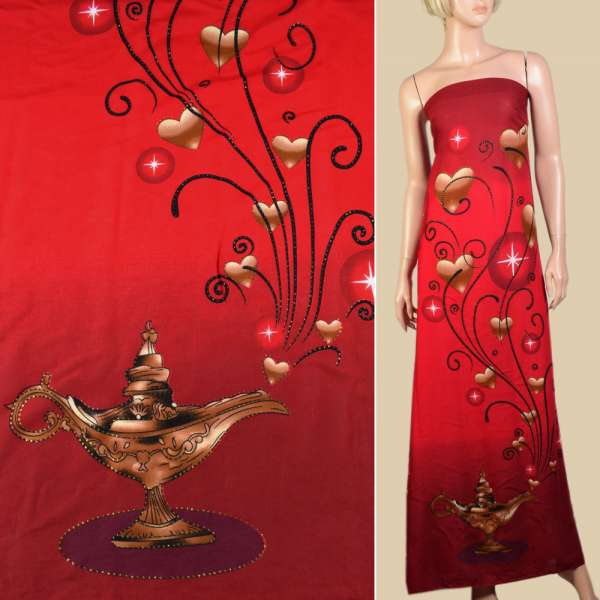 Віскоза червоно-вишнева, золоті точки, серця, чарівна лампа, 1ст.купон, ш.143