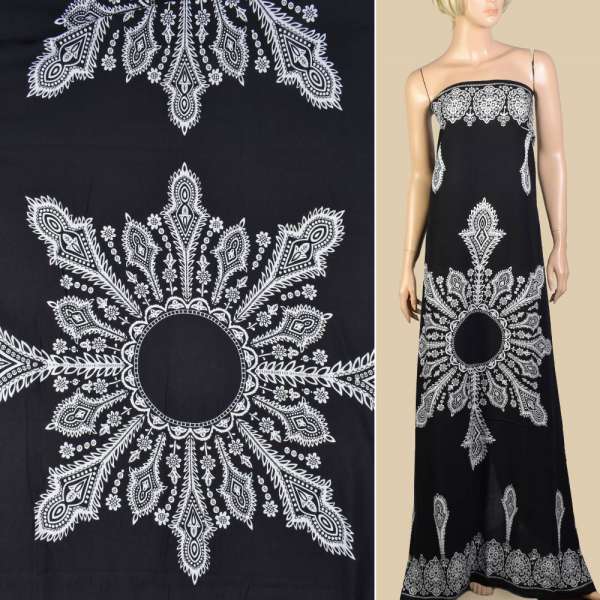 Віскоза чорна, білий орнамент, 2ст.купон, ш.140