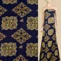 Віскоза синя темна, коричнево-жовтий орнамент, ш.145
