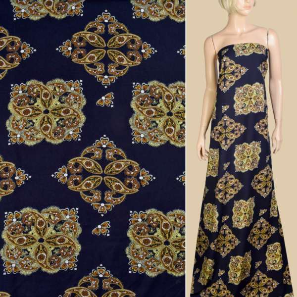 Віскоза синя темна, коричнево-жовтий орнамент, ш.145