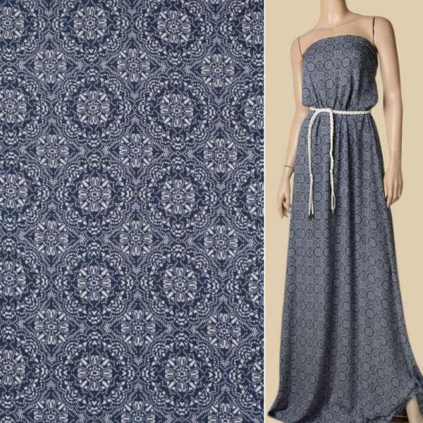 Вискоза жатая синяя темная в белый орнамент, ш.140