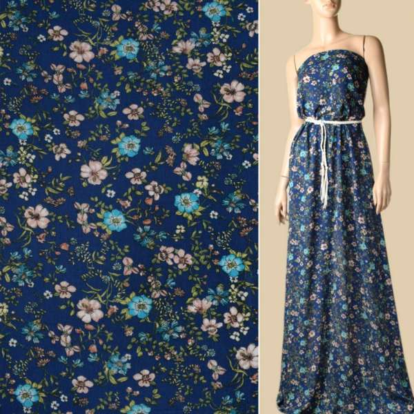 Віскоза жата синя, бірюзові, бежеві квіти, ш.131