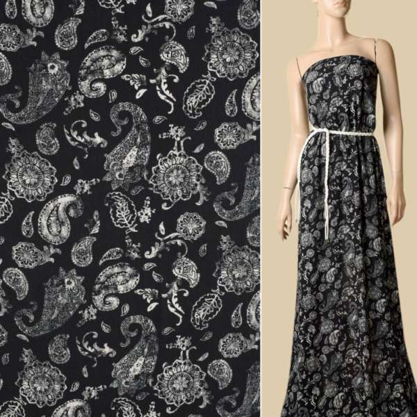 Вискоза жатая черная, белые огурцы, цветы, ш.135