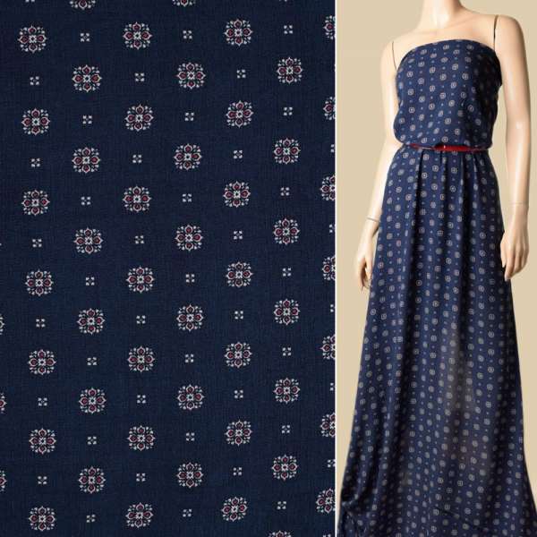 Вискоза жатая синяя темная, узорчатые цветы, ш.135