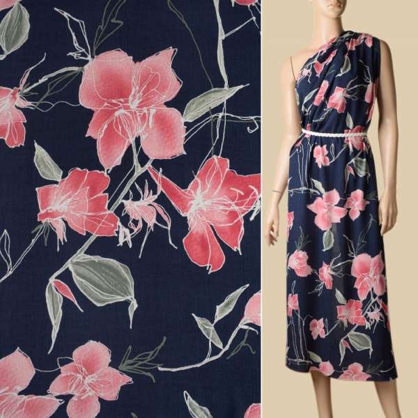 Віскоза жата синя темна, великі рожеві квіти, ш.150