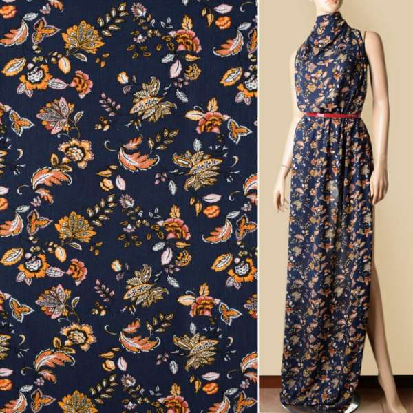 Віскоза жата синя темна, жовто-помаранчеві квіти, ш.140