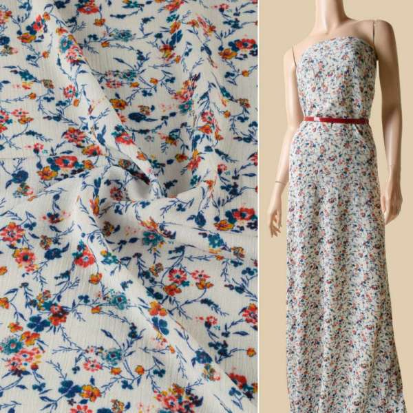 Віскоза жата молочна, помаранчеві, сині квіти, ш.140