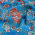 Вискоза жатая голубая, оранжевые цветы, ш.135