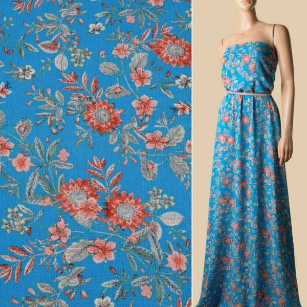 Вискоза жатая голубая, оранжевые цветы, ш.135