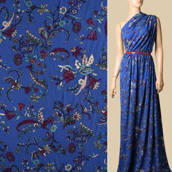 Вискоза синяя, бордовые, голубые цветы, ш.135