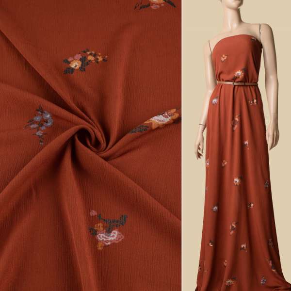 Віскоза жата теракотова, помаранчеві квіти, ш.137