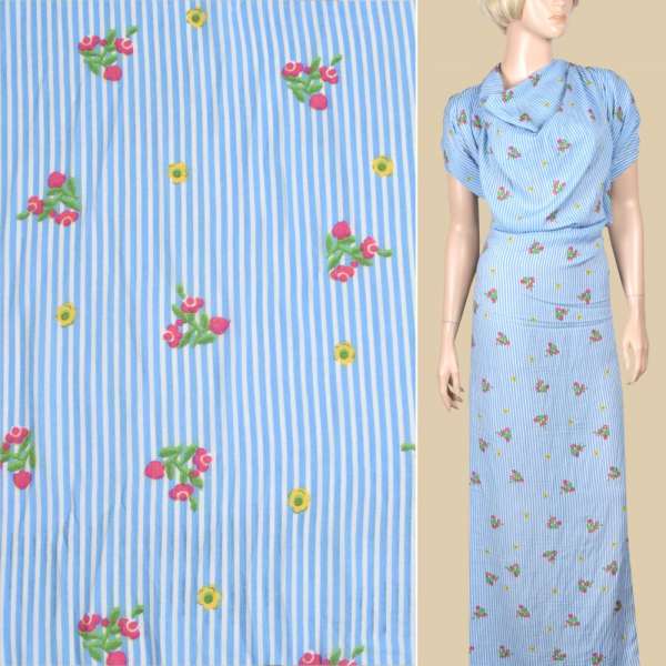 Вискоза белая в голубую полоску, розовые, желтые цветы (2сорт), ш.145