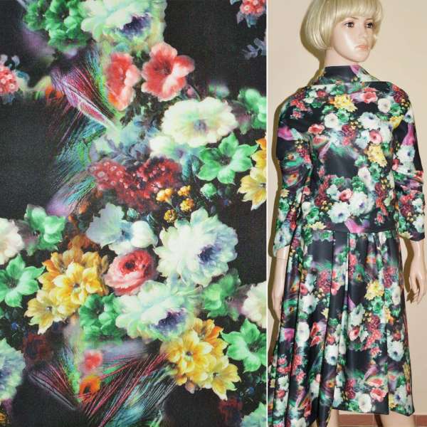 Трикотаж дайвінг чорний в молочно-бірюзові квіти стрейч ш.156