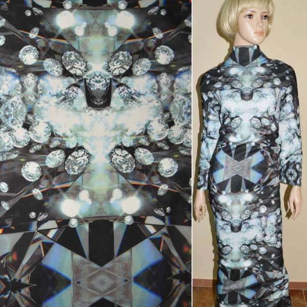 Трикотаж дайвінг чорний з геометричним сіро-синім принтом стрейч ш.155