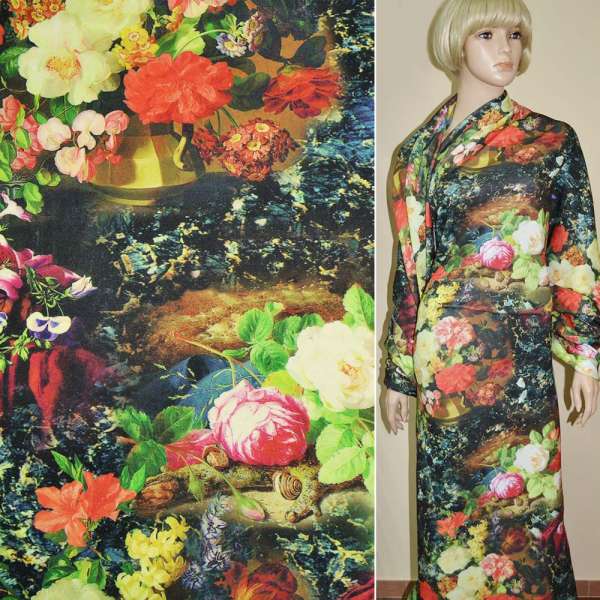 Трикотаж дайвінг чорний з жовто-червоними квітами стрейч ш.155