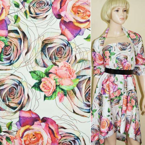 Трикотаж дайвінг білий в рожеві квіти ш.156