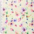 Трикотаж дайвінг кремовий з рожево-фіолетовими квітами стрейч ш.160