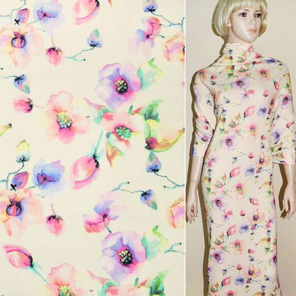 Трикотаж дайвінг кремовий з рожево-фіолетовими квітами стрейч ш.160