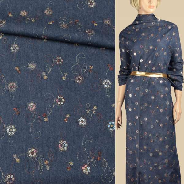 Джинс стрейч з бежевою вишивкою квіти з паєтками синій темний