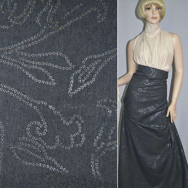 Джинс стрейч синий темный штамп цветы листья с блестками