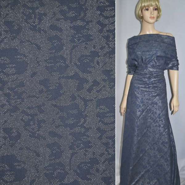 Коттон деним с серебристым напылением точки синий ш.152