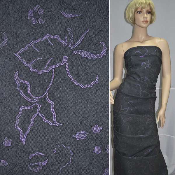 Джинс стрейч темно-синий штамп листья фиолетовые с блестками ш.152