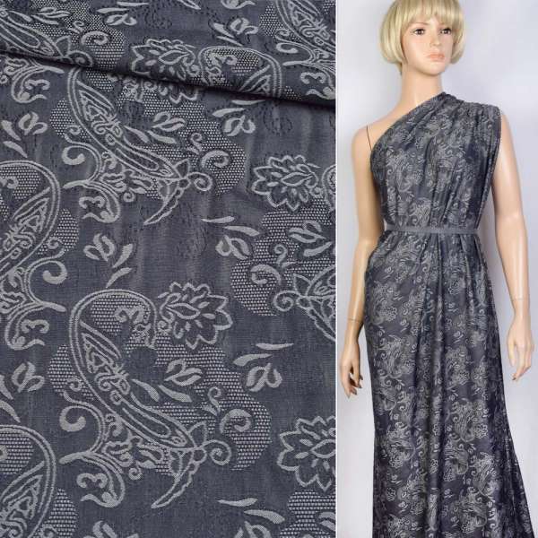 Жаккард деним синий (сапфировый) в серые, синие цветы ш.153