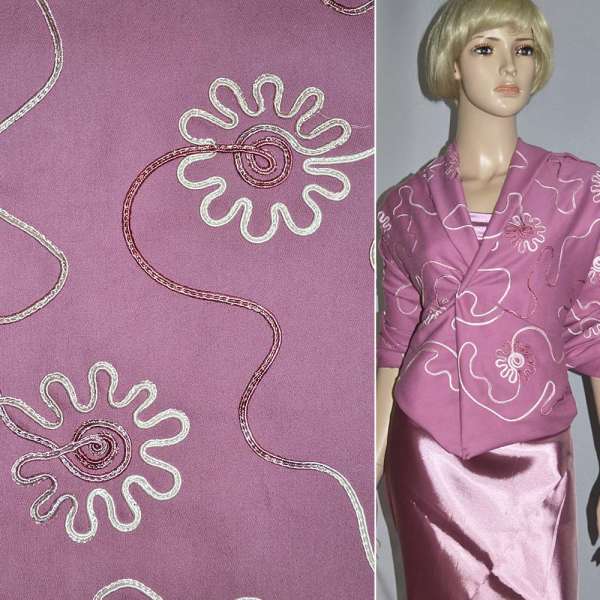 Котон стрейч рожевий, вишитий сутажем ш.150