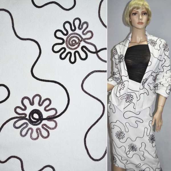 Котон стрейч білий, вишитий сутажем ш.150