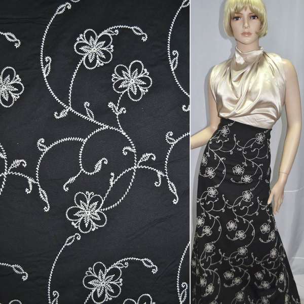 Котон стрейч чорний з вишивкою ш.130