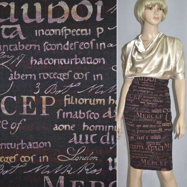 Коттон деним стрейч с флоком газета бордовый ш.150