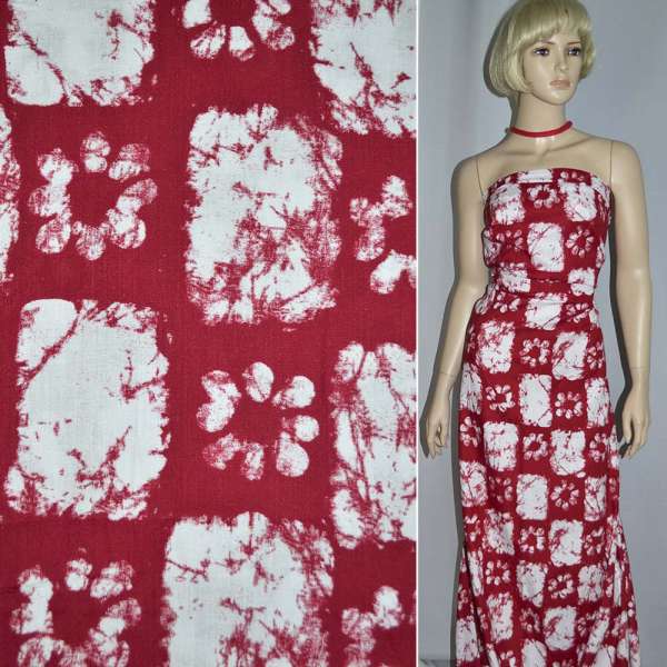 Котон жакард червоний з білими квітами