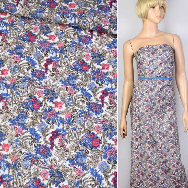 Котон білий в синьо-червоно-бежеві квіти ш.140