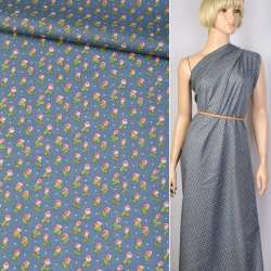 Коттон голубой в красно-зеленый цветок ш.138