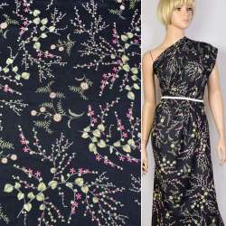 Коттон черный в бело-зелено-розовый цветок ш.150