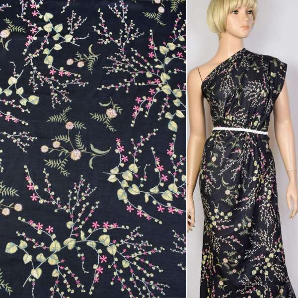 Котон чорний в біло-зелено-рожеву квітку ш.150