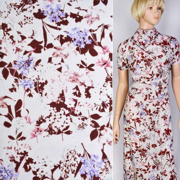 Котон білий в коричнево-рожево-бузкові квіти ш.145