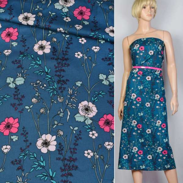 Котон синій в рожево-сині квіти ш.140