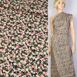 Коттон черный в зелено-розово-бежевый цветок ш.145