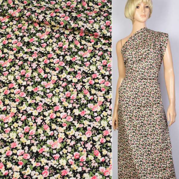 Котон чорний в зелено-рожево-бежевий квітка ш.145