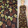 Котон-стрейч чорний в зелене листя, коричневий візерунок ш.142