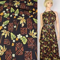 Коттон-стрейч черный в зеленые листья, коричневый узор ш.142